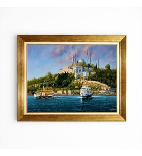 Tablore İstanbul Manzaralı Gold Çerçeveli Kanvas Tablo Nostaljik Vapur Ve Cami Temalı Salon Duvar Dekoru