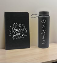 BK Gift Kişiye Özel İsimli Siyah Defter ve Cam Matara Hediye Seti-4, Sevgiliye Hediye, Arkadaşa Hediye, Yeni İş Hediyesi