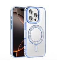 iPhone 16 Pro Kılıf Pırlanta Taş Tasarımlı M-safe Şarj Özellikli Karetta Silikon Kapak (Mavi)
