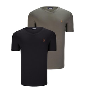 İKİLİ SET T8568 DEWBERRY V YAKA ERKEK T-SHIRT-SİYAH-HAKİ (Karışık)