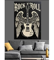 Rock 'N' Roll Gitar Ve  Kanatları Dekoratif Kanvas - Mdf Ahşap Tablo