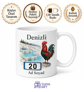 Denizli Plakalı Pamukkale Travertenleri Horoz Çizimli Hediyelik Kupa Bardak