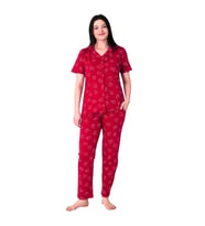 Estiva Kalpli Desen Önden Düğmeli Bayan Pijama Takım (Kırmızı)