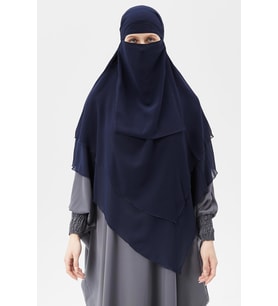 Hazır Pratik Şifon Üç Katlı Peçeli Üçgen Hac Umre Şalı Sufle Hijab Nikap (Lacivert)