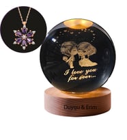 Kişiye Özel Büyük Boy Işıklı Ahşap Kaideli Işıklı Öpüşen Sevgili Cam Küre 8cm Ve Lotus Çiçeği Kolye