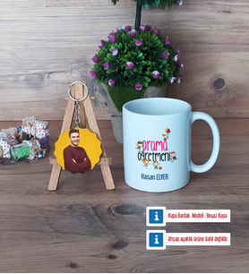 Drama Öğretmeni Kupa Bardak Beyaz ve Fotoğraflı Ahşap Anahtarlık Hediye (Model 1)