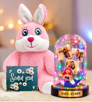 Kişiye Özel 3 Fotoğraflı Renkli LED Işıklı Fanus(denizkızı) ve Sevimli Peluş Tavşan Sevgiliye Hediye Kadına Hediye