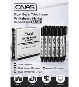 Onas Siyah Beyaz Tahta Kalemi Whiteboard Marker Düşük Kokulu 12 Adet Kutu