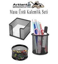 Masa Üstü Siyah Fileli Kalemlik Seti 3 Parça 1 Paket 3 lü Masa Üstü Düzenleyici Kalemlik Küp Notluk Ataşlık