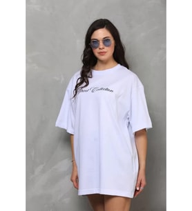Unisex Bisiklet Yaka Baskılı Oversize T-Shirt - Beyaz