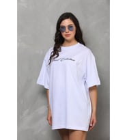 Unisex Bisiklet Yaka Baskılı Oversize T-Shirt - Beyaz