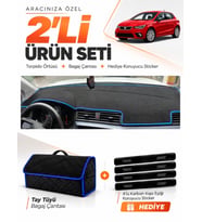 SEAT IBIZA (2017-2021) Uyumlu Torpido Örtüsü + Tay Tüyü Bagaj Çantası + Sticker Seti - Siyah Mavi