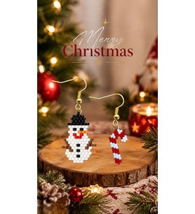 Miyuki Boncuk El Yapımı Baston Şeker ve Kardan Adam Küpe Yılbaşı Christmas Noel