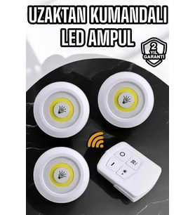 İthalat® Spot Lamba Led Işık 3'Lü Uzaktan Kumandalı Pilli Yapışkanlı Kablosuz