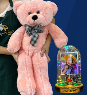 Kişiye Özel Renkli Led Işıklı Fanus ve Büyük Boy Pembe Peluş Ayıcık (Model 6)