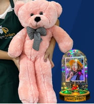 Kişiye Özel Renkli Led Işıklı Fanus ve Büyük Boy Pembe Peluş Ayıcık (Model 6)