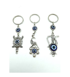 Nazar Boncuğu Metal Tavus Kuşu+ Kaplumbağa+ Testi Anahtarlık/dikiz Ayna Süsü Üçlü Hediyelik Set