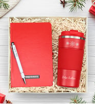 Kişiye Özel Kırmızı 500 Ml Çelik Termos & Kırmızı Defter & Gümüş Renk Detaylı Kırmızı Tükenmez Kalem Hediye Seti (Model 1)