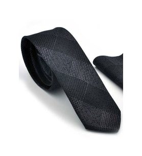 Gri Siyah Ekose Desenli Dokuma Kumaş Mendilli Slim Fit Kravat  / SDK-220707 (Renksiz)