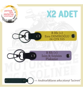 Hız Tutkunlarına Özel, İsim Plaka ve B Rh (+) Kan Grubu Yazılı Deri x2' li Anahtarlık, Mor-Sarı-Laci