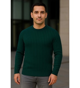 Erkek Bisiklet Yuvarlak Yaka Triko Kazak Pamuklu Kalın Fitilli Dokuma, Regular Fit Uzun Kollu Kışlık Model - Haki
