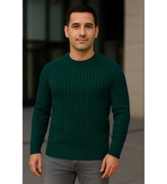 Erkek Bisiklet Yuvarlak Yaka Triko Kazak Pamuklu Kalın Fitilli Dokuma, Regular Fit Uzun Kollu Kışlık Model - Haki