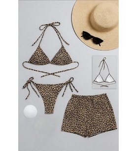 Kadın 3'lü Set Leopar Desenli Şortlu ve Yandan Bağlamalı Bikini Mayo Takımı