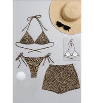 Kadın 3'lü Set Leopar Desenli Şortlu ve Yandan Bağlamalı Bikini Mayo Takımı