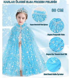 Karlar Ülkesi Elsa Frozen Mavi Pelerin - 80 cm Kar Desenli Çocuk Pelerini ( Taç Hariç ) (4767)