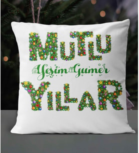 Kişiye Özel Mutlu Yıllar Çam Temalı Saten Kare Yastık (Beyaz)