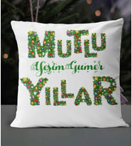 Kişiye Özel Mutlu Yıllar Çam Temalı Saten Kare Yastık (Beyaz)