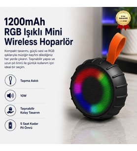 Bluetooth Hoparlör 1200 mAh RGB Işıklı 10W Mini Wireless Taşıma Askılı Taşınabilir Speaker