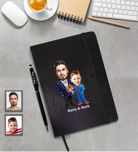 Kişiye Özel Babalar Günü Baba Erkek Çocuk Karikatürlü Siyah Defter Kalem Hediye Seti Model-7