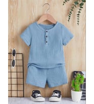 Unisex Bebek&Çocuk %100 Pamuklu Düğmeli Müslin Alt Üst Şort Takım-Mavi