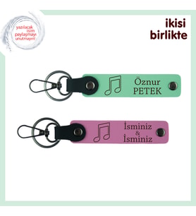 Müzik Öğretmenine Özel Anlamlı Hediye, Notalı Kişisel İsimli Deri Anahtarlık Seti, Açık Yeşil-Pembe