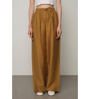 Kadın Düz Renk Beli Lastikli Bol Paça Pantolon (Kahve-Hardal)