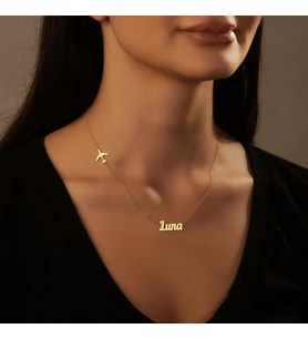 Kişiye Özel 925 Ayar Gümüş Yan Uçak Detaylı İsim Kolye (Gold)