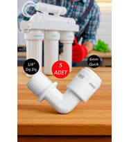 Su Arıtma Cihazı Filtre Dirseği 1/4 inç Dişli x 6 mm QUİCK Geçmeli (5 ADET) (Siyah - Beyaz)