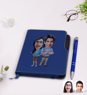 BK Gift Kişiye Özel Sevgililer Karikatürlü Lacivert Termo Deri Defter Kalem Seti-101