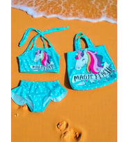 Kız Çocuk karakter Baskılı Eteği Fırfırlı- ip bağlamalı ÇANTA Mayo Bikini 3 lü Takım (Turkuaz)