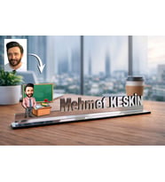 Kişiye Özel Öğretmen Karikatürlü 30 cm Ayna Pleksi Masaüstü İsimlik - Öğretmen Hediyesi Öğretmene Özel Hediye