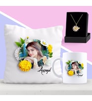 BK Gift Kişiye Özel Papatya Temalı Fotoğraflı Yastık Kupa ve Papatya Kolye Seti 2 (Model 1)