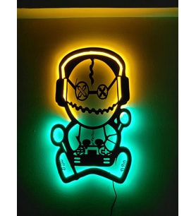 Oyuncu Odası - Yayın Aksesuarı - Gamer Robot - Led Işıklı Tablo - Duvar Dekorasyon (K.Siyah)