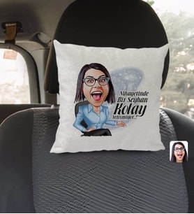 BK Gift Kişiye Özel İsimli Kadın Nihayetinde Karikatürlü Kare Araç Koltuk Yastığı-2