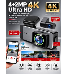 LCD Ekranlı Ön Ve Arka Kamera 4K Gece Görüşlü 140° AÇI ULTRAHD Araç içi Kamera