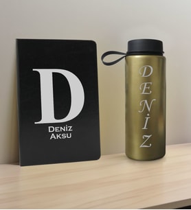 BK Gift Kişiye Özel İsimli Siyah Defter ve Gold Cam Matara Hediye Seti-5, Sevgiliye Hediye, Arkadaşa Hediye, Yeni İş Hediyesi