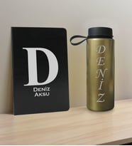 BK Gift Kişiye Özel İsimli Siyah Defter ve Gold Cam Matara Hediye Seti-5, Sevgiliye Hediye, Arkadaşa Hediye, Yeni İş Hediyesi