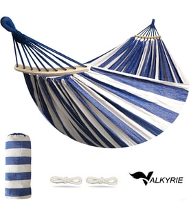Valkyrie 2 Kişilik Renkli Kanvas Hamak 260x150 cm Taşıma Çantalı Ahşap Çubuklu Bahçe Kamp Hamağı Lacivert