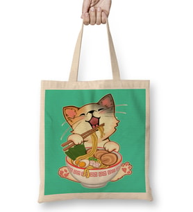 Kawaii Neko Kedi Cute Ramen Cat Japanese Noodle Anime Lover Bez Çanta Uzun Saplı