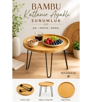 Bambu Katlanır Ayaklı Sunumluk Sehpa Doğal Bambu Yuvarlak Kahvaltı ve Servi